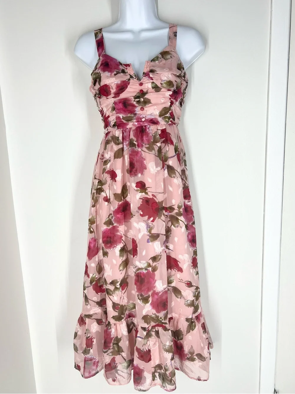 Lulu’s Pink Floral Tie-Shoulder Midi Dress - Picture 4 of 14